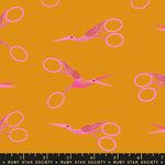 Pattern of pink scissors on a mustard yellow background with Ruby Star Society branding.