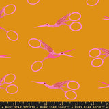 Pattern of pink scissors on a mustard yellow background with Ruby Star Society branding.
