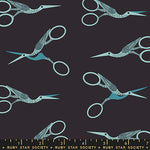 Pattern of decorative scissors on a dark background with Ruby Star Society label.