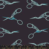 Pattern of decorative scissors on a dark background with Ruby Star Society label.