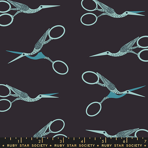 Pattern of decorative scissors on a dark background with Ruby Star Society label.