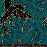 Dragon design with gold outlines on a teal background, featuring Ruby Star Society label.