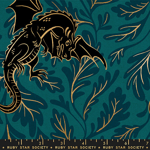 Dragon design with gold outlines on a teal background, featuring Ruby Star Society label.