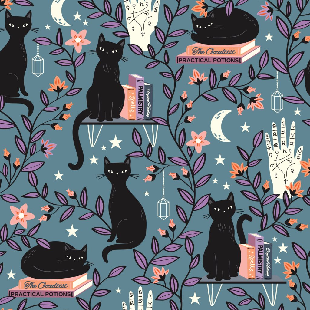 Sally Mountain Spellbound Black Cat Dark Cyan Fabric