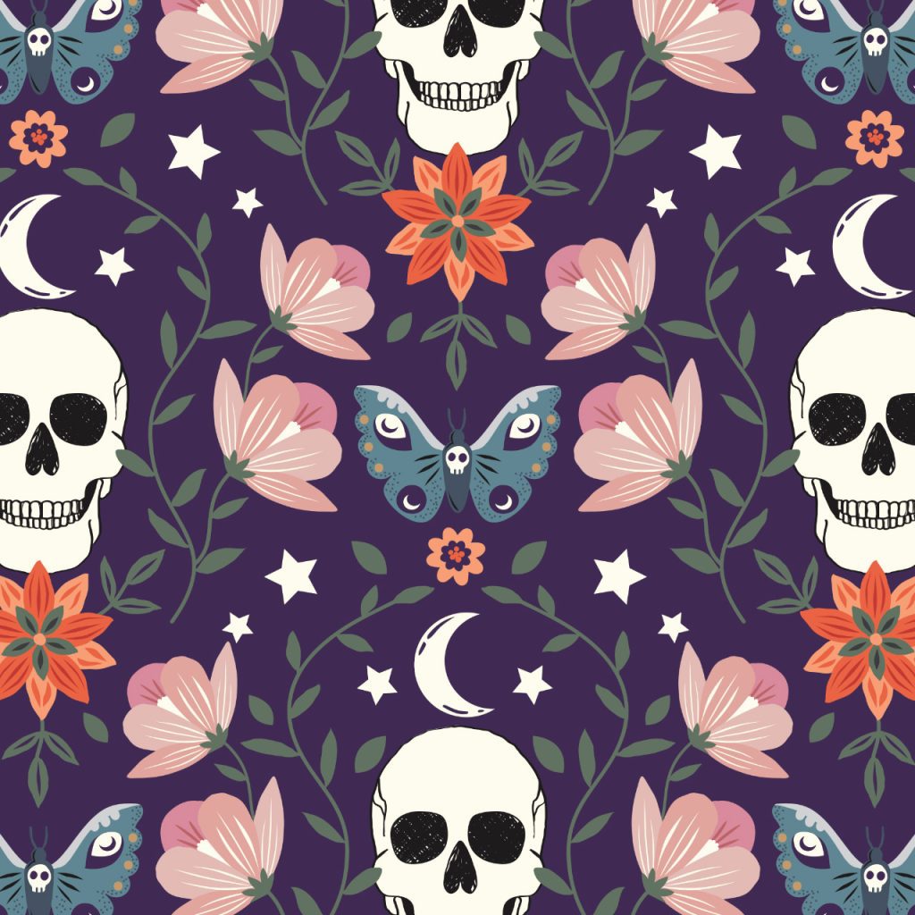 Sally Mountain Spellbound Floral Skulls Purple Fabric