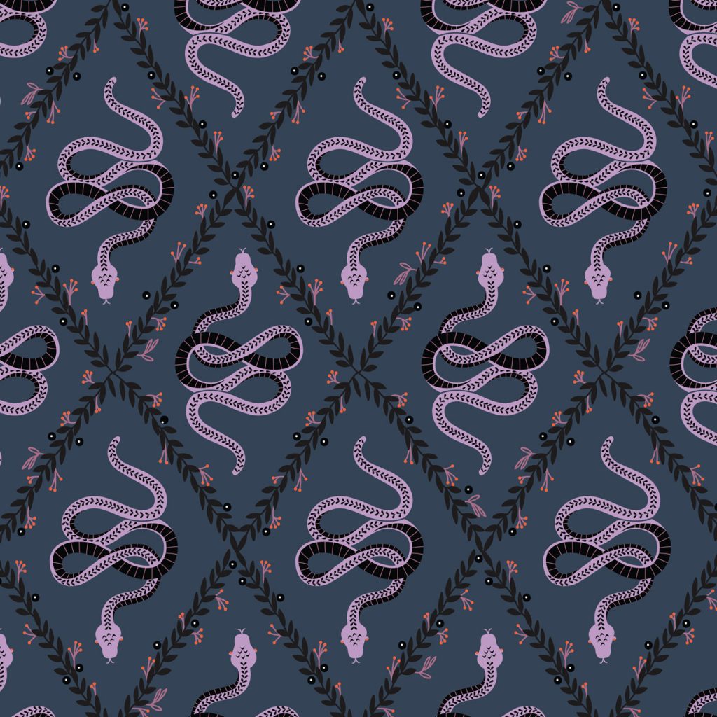Sally Mountain Spellbound Purple Snakes Dark Blue Fabric