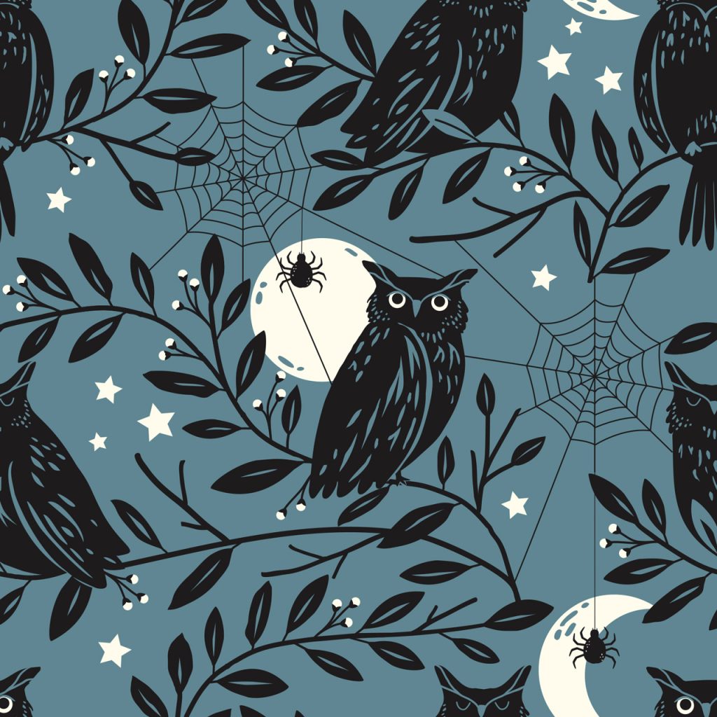 Sally Mountain Spellbound Owl Dark Cyan Fabric