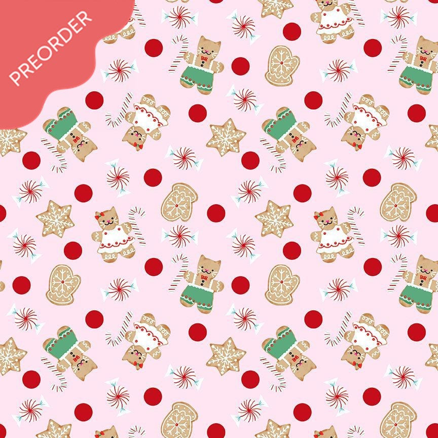 Pammie Jane Feline Festive Gingerbread Pink Fabric