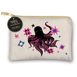 An off-white canvas zippered pouch featuring a black octopus design with pink polka dots, surrounded by pink and blue geometric star and flag motifs. A gold zipper and a black circular brand tag reading 'Sarah + Wyatt + Crafted Moon' are visible.