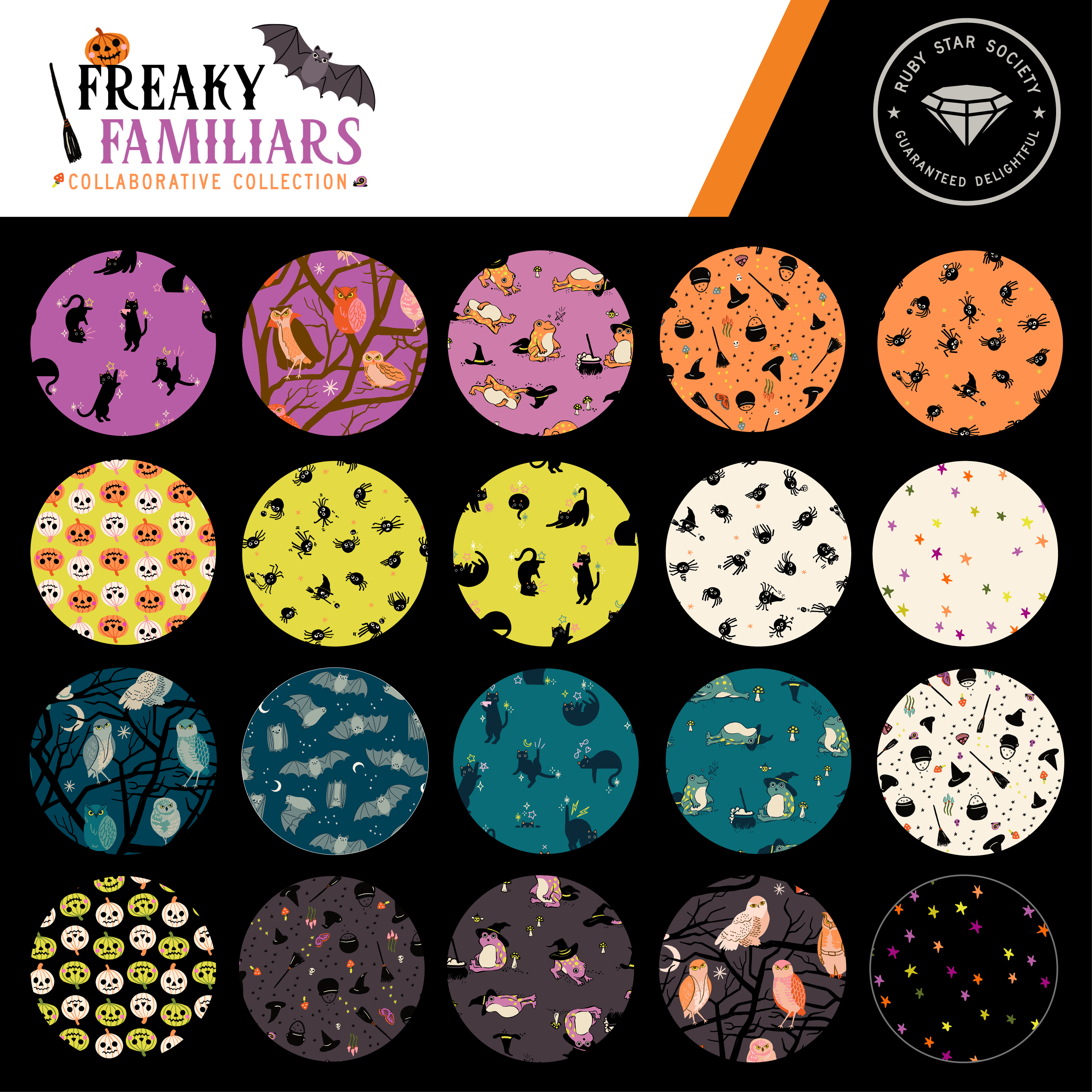 Collection of Halloween-themed fabric swatches with 'Freaky Familiars' branding.