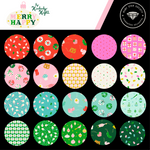 Collection of colorful circular patterns on a black background with brand logos at the top.