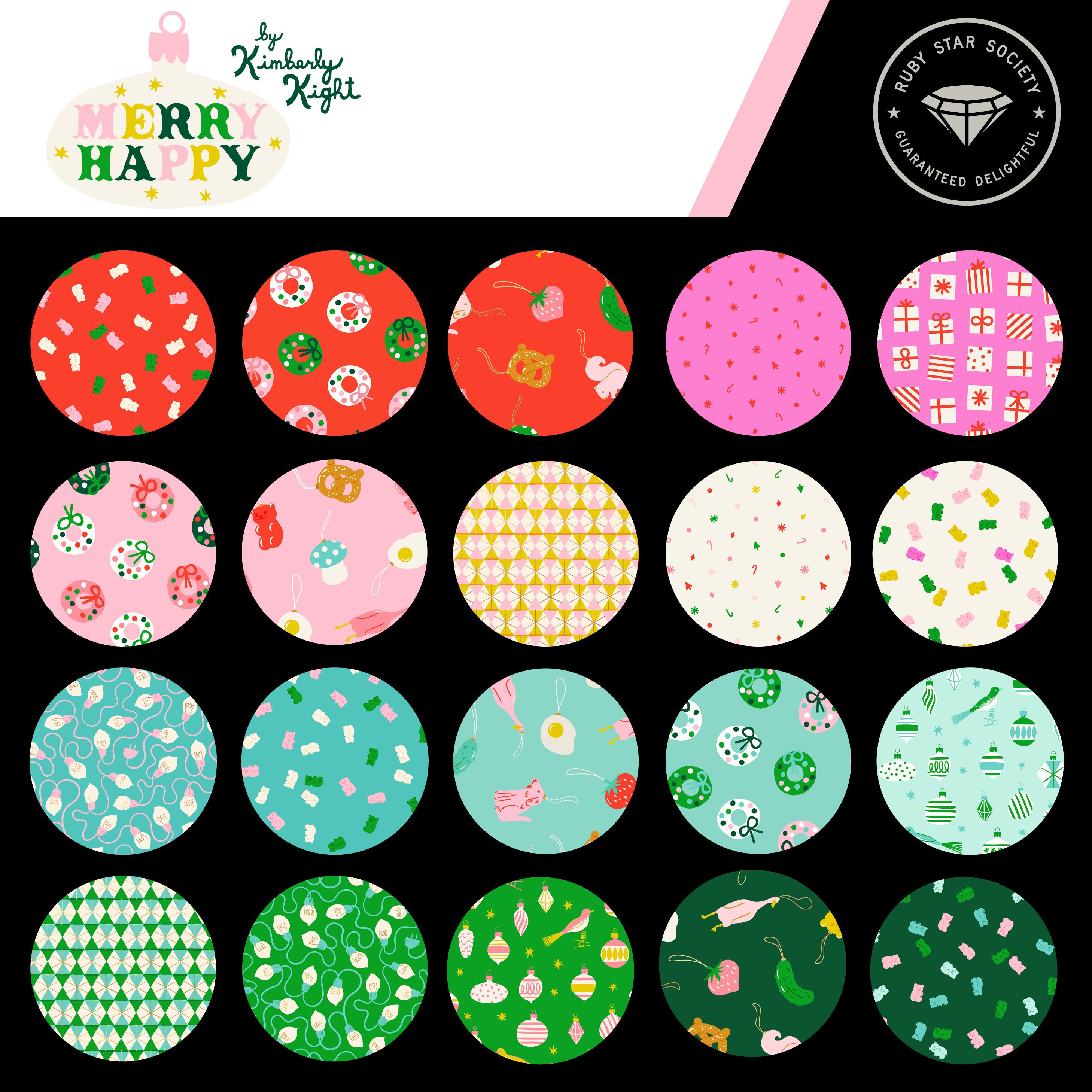 Collection of colorful circular patterns on a black background with brand logos at the top.