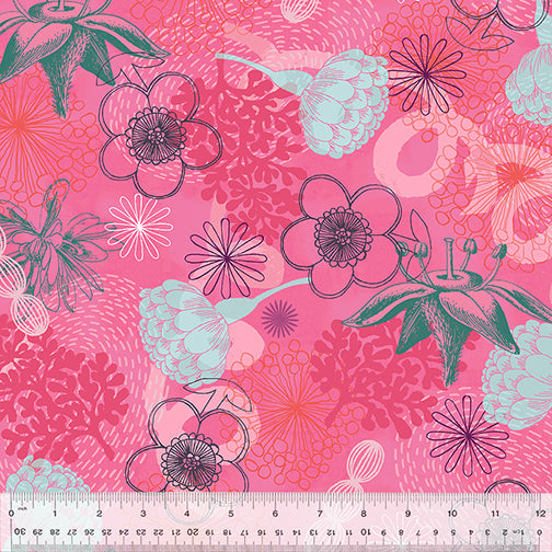 Sharon Virtue Bright World Botanical Bright Pink Fabric