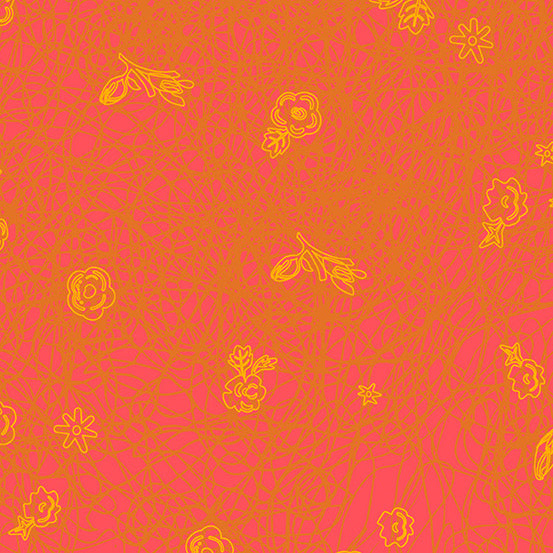 Blender print with flowers scattered around it on a tiger orange background; 100% cotton