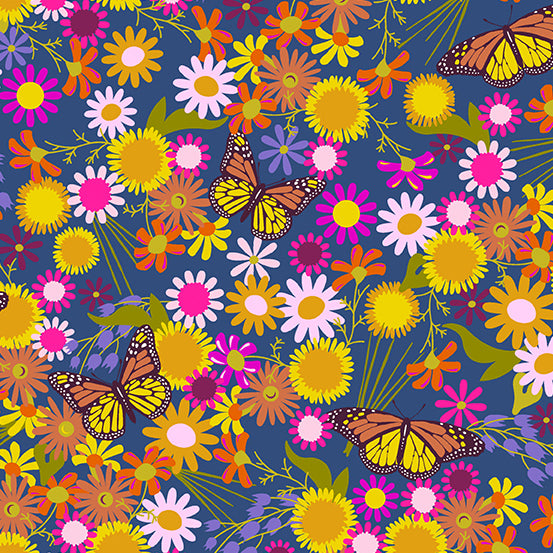 Alison Glass Wildflower Monarchs and Flowers Denim Blue Fabric