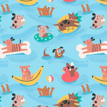 Nina Ghataora Puppy Pool Party Floating Pups Fabric
