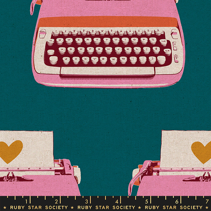 Ruby Star Darlings 2 Typewriters Linen Teal Canvas Fabric