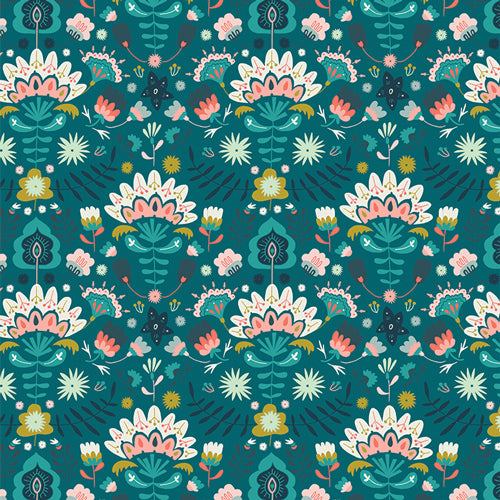 Jessica Swift Path to Discovery Efflorescent Teal Floral Fabric