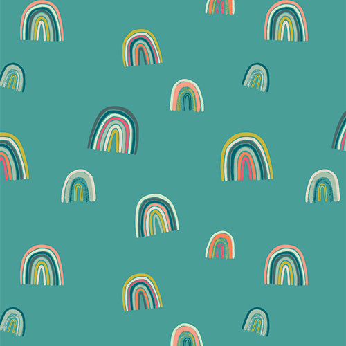 Jessica Swift Path to Discovery Fortunate Rainbows Teal Fabric